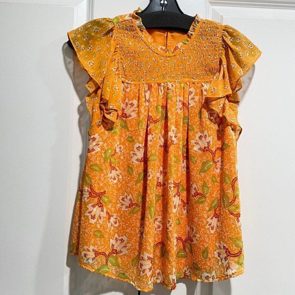 NWT Anthropologie XS  Maison d’Amelie Paris Floral Flutter Sleeve Top $98 Orange